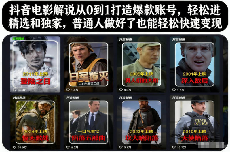 抖音电影解说从0到1打造爆款账号,轻松进精选和独家,普通人做好了也能轻松快速变现 抖音电影解说从0到1打造爆款账号,轻松进精选和独家,普通人做好了也能轻松快速变现