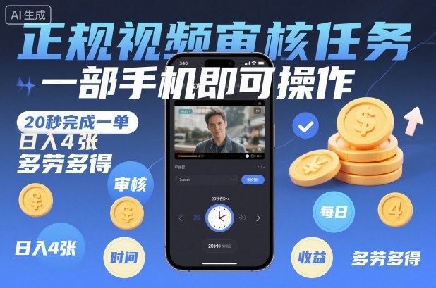 正规视频审核任务,一部手机即可操作,20秒完成一单,日入4张,多劳多得【揭秘】 正规视频审核任务,一部手机即可操作,20秒完成一单,日入4张,多劳多得【揭秘】