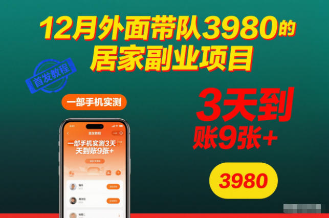 12月外面带队3980的居家副业项目,一部手机实测3天到账9张+,首发教程【揭秘】 12月外面带队3980的居家副业项目,一部手机实测3天到账9张+,首发教程【揭秘】