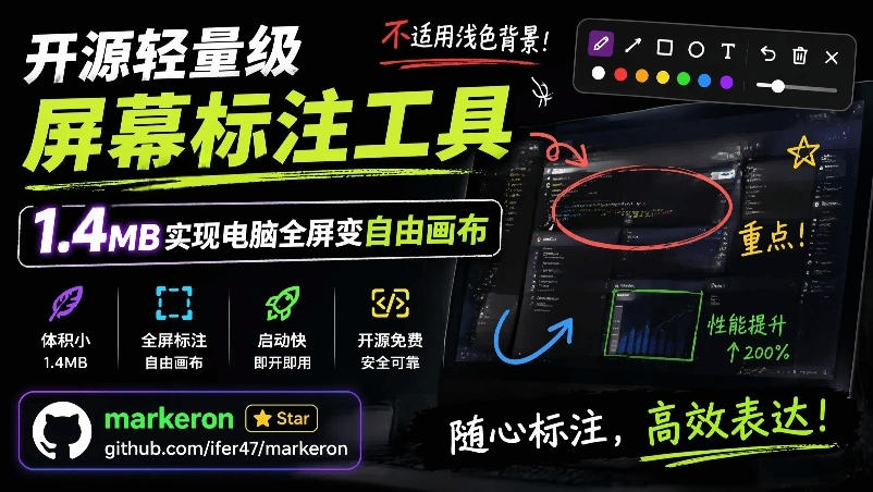 (19132期)开源轻量级屏幕标注工具,1.4MB实现电脑全屏变自由画布!支持8种标注工具和全键盘操控MarkerOn (19132期)开源轻量级屏幕标注工具,1.4MB实现电脑全屏变自由画布!支持8种标注工具和全键盘操控MarkerOn