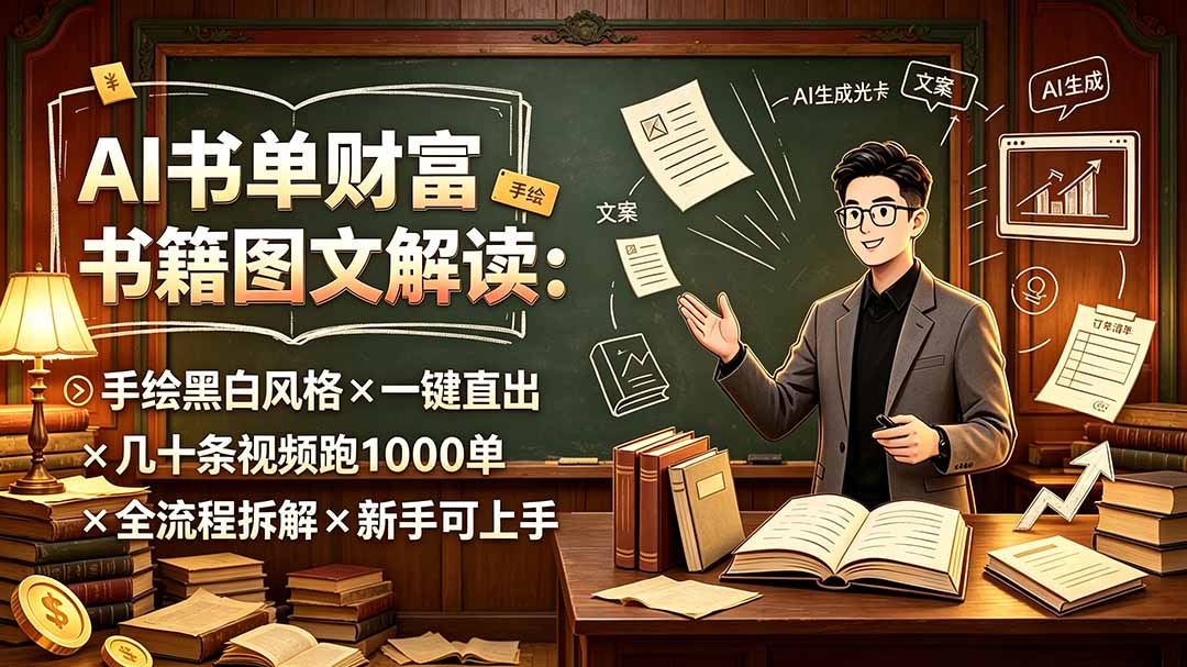 (19515期)AI书单财富书籍图文解读:手绘黑白风格×一键直出×几十条视频跑1000单×全流程拆解×新手可上手 (19515期)AI书单财富书籍图文解读:手绘黑白风格×一键直出×几十条视频跑1000单×全流程拆解×新手可上手