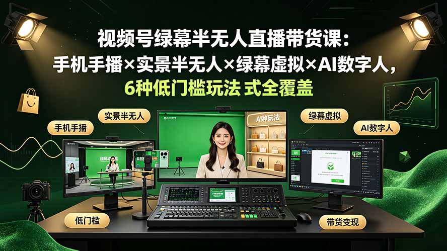 (19271期)视频号绿幕半无人直播带货课:手机手播×实景半无人×绿幕虚拟×AI数字人,6种低门槛玩法全覆盖 (19271期)视频号绿幕半无人直播带货课:手机手播×实景半无人×绿幕虚拟×AI数字人,6种低门槛玩法全覆盖