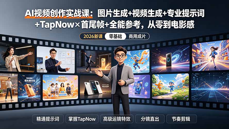 (19383期)AI视频创作实战课:图片生成+视频生成+专业提示词+TapNow×首尾帧+全能参考,从零到电影感成片 (19383期)AI视频创作实战课:图片生成+视频生成+专业提示词+TapNow×首尾帧+全能参考,从零到电影感成片