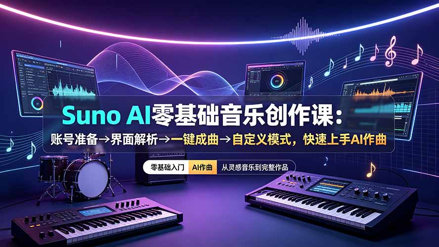 (19264期)Suno AI零基础音乐创作课:账号准备→界面解析→一键成曲→自定义模式,快速上手AI作曲 (19264期)Suno AI零基础音乐创作课:账号准备→界面解析→一键成曲→自定义模式,快速上手AI作曲