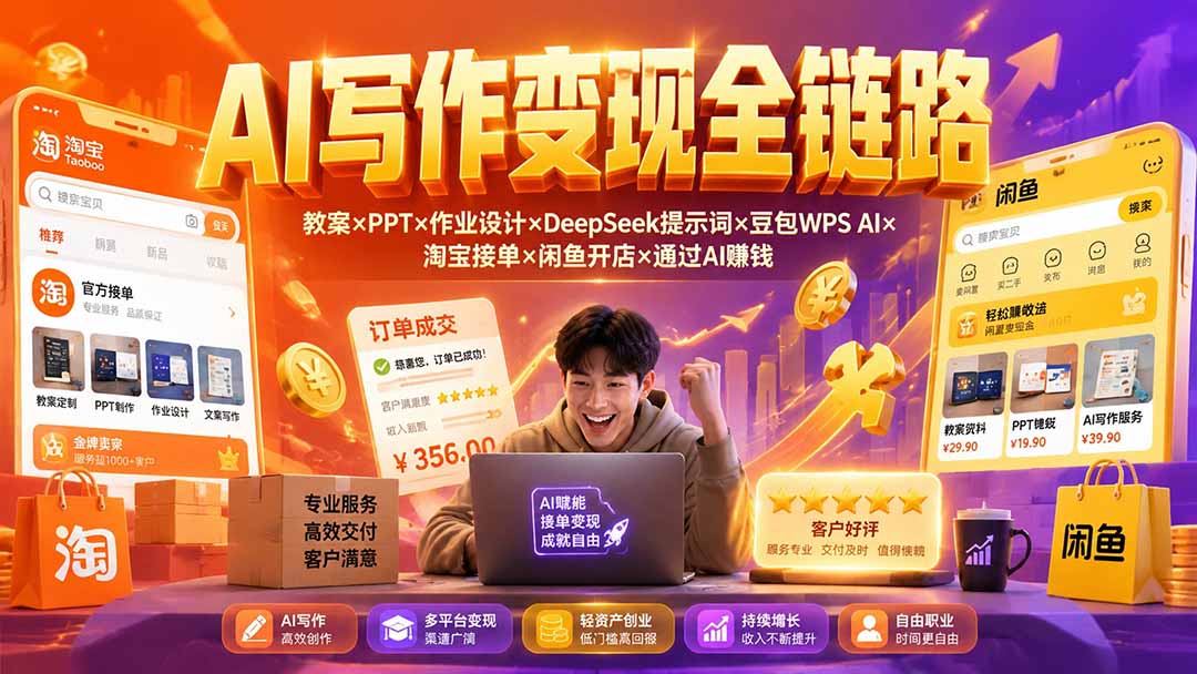 (19561期)2026AI写作变现全链路:教案×PPT×作业设计×DeepSeek提示词×豆包WPS AI×淘宝接单×闲鱼开店×通过AI賺钱 (19561期)2026AI写作变现全链路:教案×PPT×作业设计×DeepSeek提示词×豆包WPS AI×淘宝接单×闲鱼开店×通过AI賺钱
