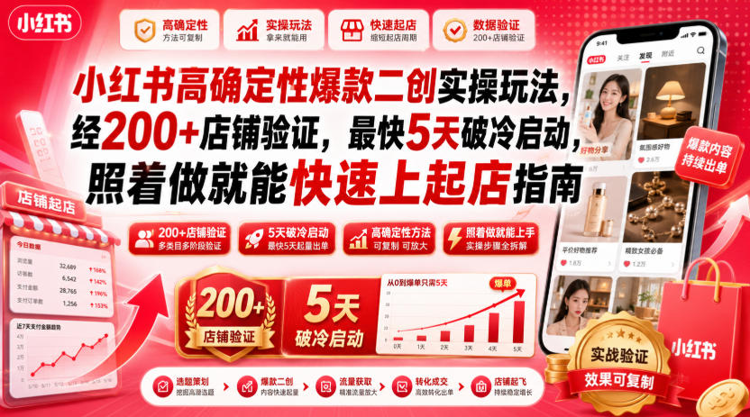小红书高确定性爆款二创实操玩法,经200+店铺验证,最快5天破冷启动,照着做就能快速上起店指南 小红书高确定性爆款二创实操玩法,经200+店铺验证,最快5天破冷启动,照着做就能快速上起店指南