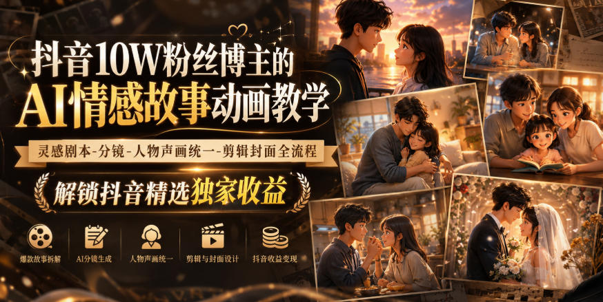 抖音10W粉丝博主的AI情感故事动画教学,灵感剧本‑分镜‑人物声画统一‑剪辑封面全流程,解锁抖音精选独家收益 抖音10W粉丝博主的AI情感故事动画教学,灵感剧本‑分镜‑人物声画统一‑剪辑封面全流程,解锁抖音精选独家收益