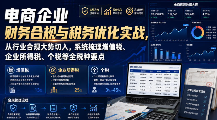 电商企业财务合规与税务优化实战,从行业合规大势切入,系统梳理增值税、企业所得税、个税等全税种要点 电商企业财务合规与税务优化实战,从行业合规大势切入,系统梳理增值税、企业所得税、个税等全税种要点