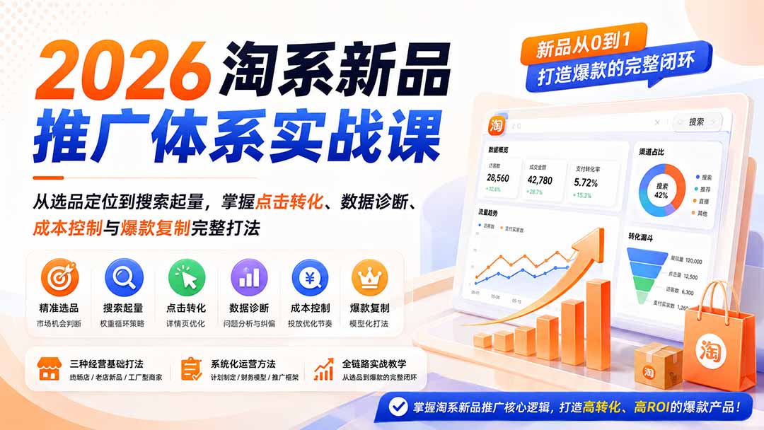 (19908期)2026淘系新品推广体系实战课:从选品定位到搜索起量,掌握点击转化、数据诊断、成本控制与爆款复制完整打法 (19908期)2026淘系新品推广体系实战课:从选品定位到搜索起量,掌握点击转化、数据诊断、成本控制与爆款复制完整打法