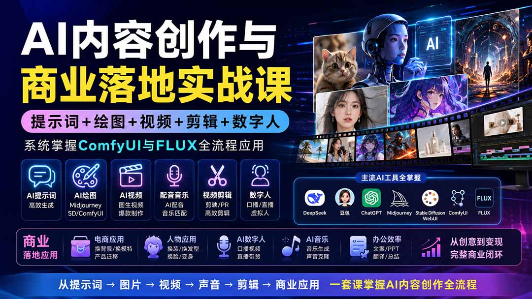 (19913期)AI内容创作与商业落地实战课:提示词+绘图+视频+剪辑+数字人,系统掌握ComfyUI与FLUX全流程应用 (19913期)AI内容创作与商业落地实战课:提示词+绘图+视频+剪辑+数字人,系统掌握ComfyUI与FLUX全流程应用