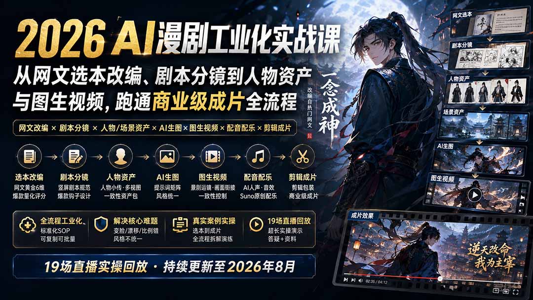 (20068期)2026 AI漫剧工业化实战课-更新:从网文选本改编、剧本分镜到人物资产与图生视频,跑通商业级成片全流程 (20068期)2026 AI漫剧工业化实战课-更新:从网文选本改编、剧本分镜到人物资产与图生视频,跑通商业级成片全流程