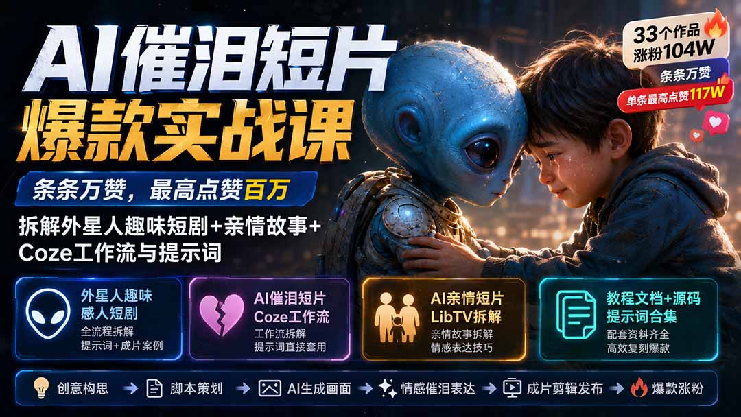 (20038期)AI催泪短片爆款实战课:条条万赞,最高点赞百万,拆解外星人趣味短剧+亲情故事+Coze工作流与提示词 (20038期)AI催泪短片爆款实战课:条条万赞,最高点赞百万,拆解外星人趣味短剧+亲情故事+Coze工作流与提示词