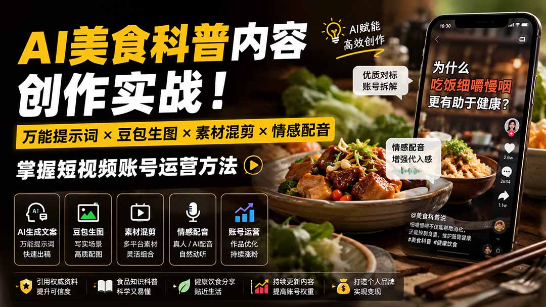 (19730期)外面卖199元-AI美食科普内容创作实战!万能提示词×豆包生图×素材混剪×情感配音,掌握短视频账号运营方法 (19730期)外面卖199元-AI美食科普内容创作实战!万能提示词×豆包生图×素材混剪×情感配音,掌握短视频账号运营方法