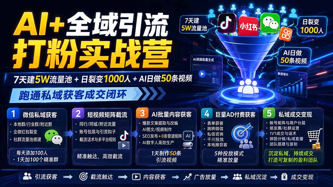(19993期)AI+全域引流打粉实战营:7天建5W流量池+日裂变1000人+AI日做50条视频,跑通私域获客成交闭环 (19993期)AI+全域引流打粉实战营:7天建5W流量池+日裂变1000人+AI日做50条视频,跑通私域获客成交闭环