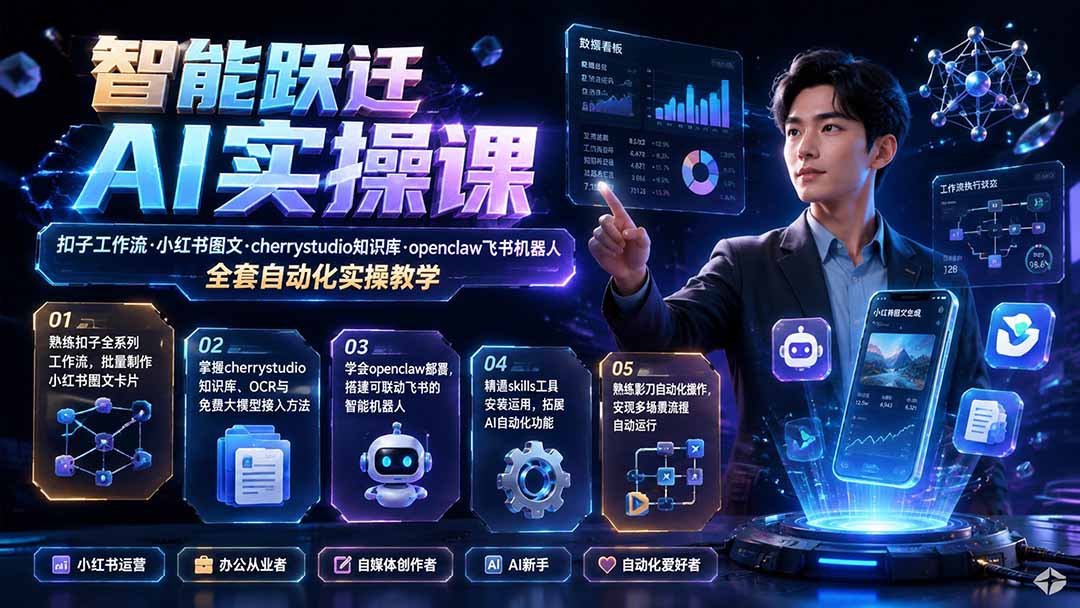 (19652期)智能跃迁 AI实操课|扣子工作流小红书图文搭建,cherrystudio知识库openclaw飞书机器人全套自动化实操教学 (19652期)智能跃迁 AI实操课|扣子工作流小红书图文搭建,cherrystudio知识库openclaw飞书机器人全套自动化实操教学