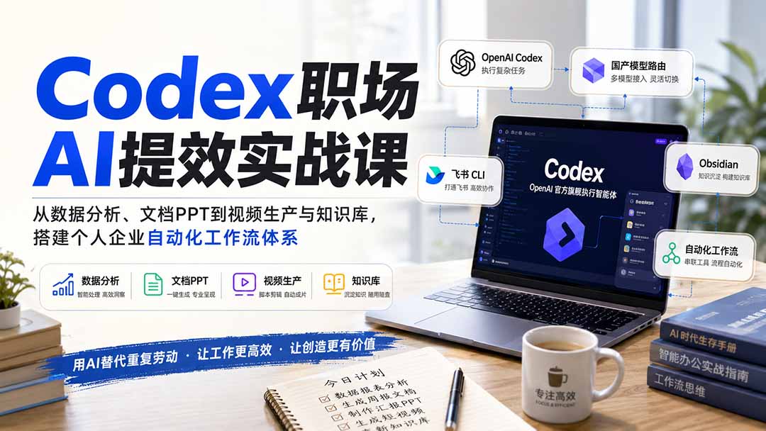 (20057期)Codex职场AI提效实战课:从数据分析、文档PPT到视频生产与知识库,搭建个人企业自动化工作流体系 (20057期)Codex职场AI提效实战课:从数据分析、文档PPT到视频生产与知识库,搭建个人企业自动化工作流体系