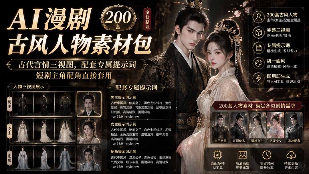 (19693期)AI漫剧古风人物素材包+提示词|200 套古代言情三视图,配套专属提示词短剧主角配角直接套用 (19693期)AI漫剧古风人物素材包+提示词|200 套古代言情三视图,配套专属提示词短剧主角配角直接套用