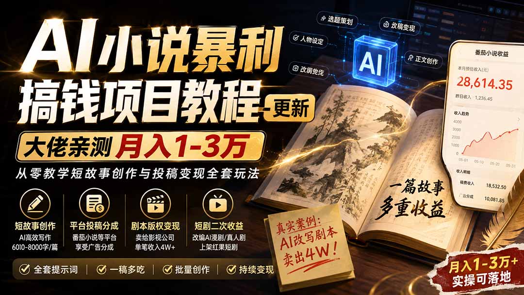 (20044期)AI小说暴利搞钱项目教程-更新,大佬亲测月入1-3万,从零教学短故事创作与投稿变现全套玩法 (20044期)AI小说暴利搞钱项目教程-更新,大佬亲测月入1-3万,从零教学短故事创作与投稿变现全套玩法