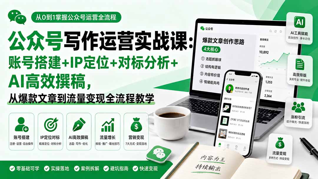 (19914期)公众号写作运营实战课:账号搭建+IP定位+对标分析+AI高效撰稿,从爆款文章到流量变现全流程教学 (19914期)公众号写作运营实战课:账号搭建+IP定位+对标分析+AI高效撰稿,从爆款文章到流量变现全流程教学