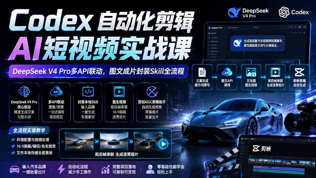 (19711期)Codex自动化剪辑AI短视频实战课|DeepSeek V4 Pro多API联动,图文成片封装Skill全流程 (19711期)Codex自动化剪辑AI短视频实战课|DeepSeek V4 Pro多API联动,图文成片封装Skill全流程