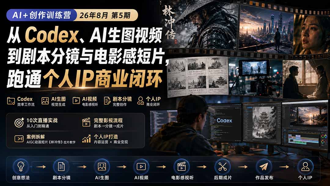 (20145期)AI+创作训练营26年8月第5期:从Codex、AI生图视频到剧本分镜与电影感短片,跑通个人IP商业闭环 (20145期)AI+创作训练营26年8月第5期:从Codex、AI生图视频到剧本分镜与电影感短片,跑通个人IP商业闭环
