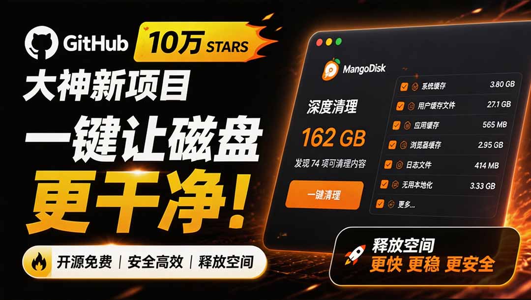 (19894期)在Gtihub上做出10万 stars 的大神,又发布新项目了!一键让磁盘更干净,开源免费清理工具 MangoDisk (19894期)在Gtihub上做出10万 stars 的大神,又发布新项目了!一键让磁盘更干净,开源免费清理工具 MangoDisk