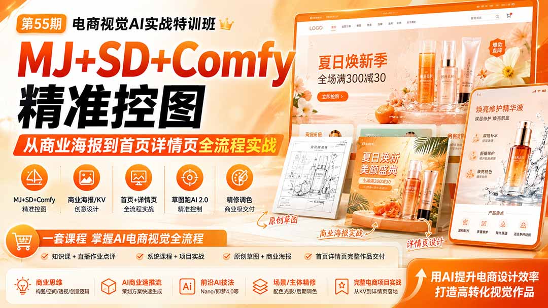 (20027期)电商视觉 AI实战训练营第55期:MJ+SD+Comfy精准控图,从商业海报到首页详情页全流程实战 (20027期)电商视觉 AI实战训练营第55期:MJ+SD+Comfy精准控图,从商业海报到首页详情页全流程实战