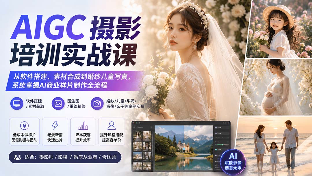 (20161期)AIGC摄影培训实战课:从软件搭建、素材合成到婚纱儿童写真,系统掌握AI商业样片制作全流程 (20161期)AIGC摄影培训实战课:从软件搭建、素材合成到婚纱儿童写真,系统掌握AI商业样片制作全流程