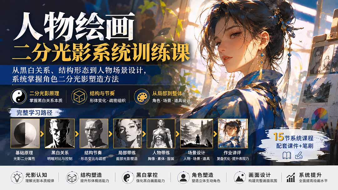 （20141期）人物绘画二分光影系统训练课：从黑白关系、结构形态到人物场景设计，系统掌握角色二分光影塑造方法