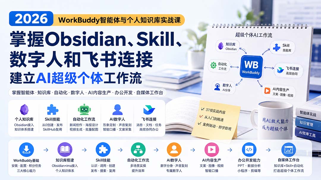 (20169期)2026 WorkBuddy智能体与个人知识库实战课:掌握Obsidian、Skill、数字人和飞书连接,建立AI超级个体工作流 (20169期)2026 WorkBuddy智能体与个人知识库实战课:掌握Obsidian、Skill、数字人和飞书连接,建立AI超级个体工作流