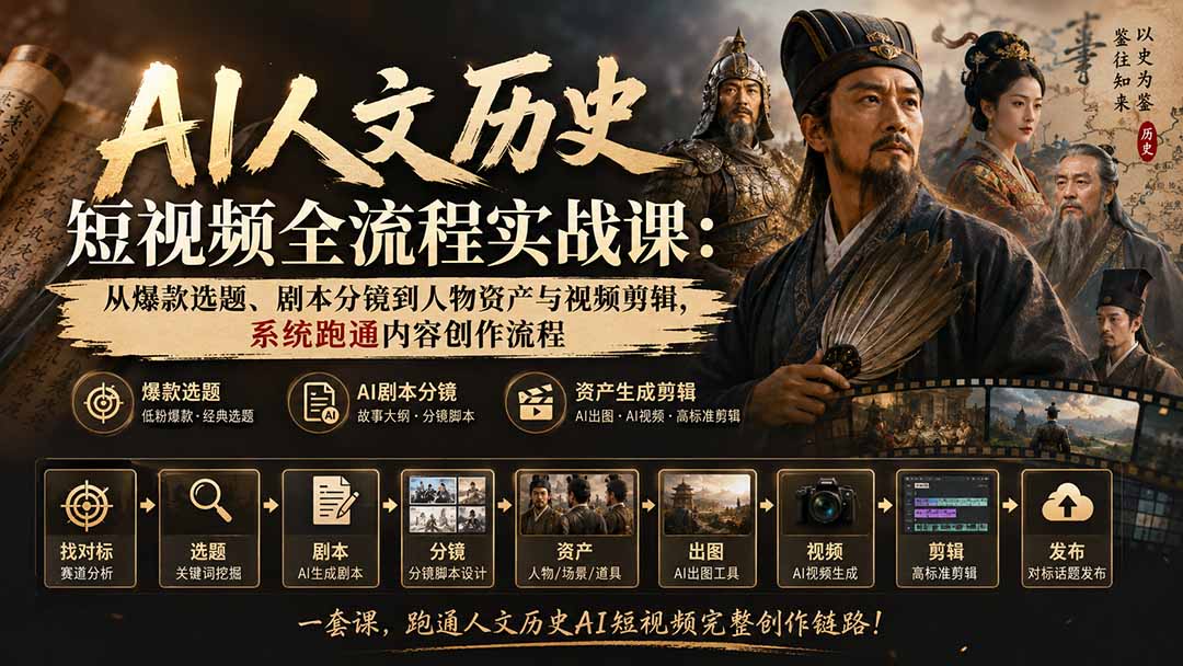 (20074期)AI人文历史短视频全流程实战课:从爆款选题、剧本分镜到人物资产与视频剪辑,系统跑通内容创作流程 (20074期)AI人文历史短视频全流程实战课:从爆款选题、剧本分镜到人物资产与视频剪辑,系统跑通内容创作流程