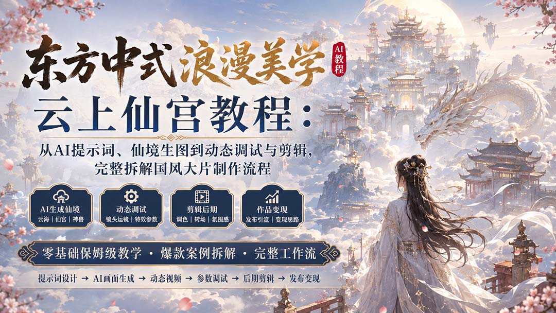 (20147期)东方中式浪漫美学云上仙宫教程:从AI提示词、仙境生图到动态调试与剪辑,完整拆解国风大片制作流程 (20147期)东方中式浪漫美学云上仙宫教程:从AI提示词、仙境生图到动态调试与剪辑,完整拆解国风大片制作流程
