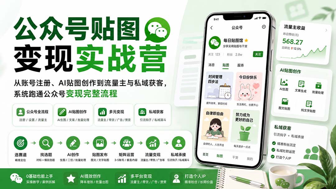 (20120期)公众号贴图变现实战营:从账号注册、AI贴图创作到流量主与私域获客,系统跑通公众号变现完整流程 (20120期)公众号贴图变现实战营:从账号注册、AI贴图创作到流量主与私域获客,系统跑通公众号变现完整流程