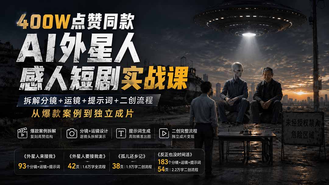 (20052期)400W点赞同款AI外星人感人短剧实战课:拆解分镜+运镜+提示词+二创流程,从爆款案例到独立成片 (20052期)400W点赞同款AI外星人感人短剧实战课:拆解分镜+运镜+提示词+二创流程,从爆款案例到独立成片