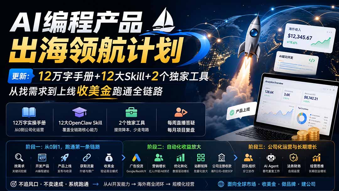 (20099期)AI编程产品出海领航计划-更新:12万字手册+12大Skill+2个独家工具,从找需求到上线收美金跑通全链路 (20099期)AI编程产品出海领航计划-更新:12万字手册+12大Skill+2个独家工具,从找需求到上线收美金跑通全链路