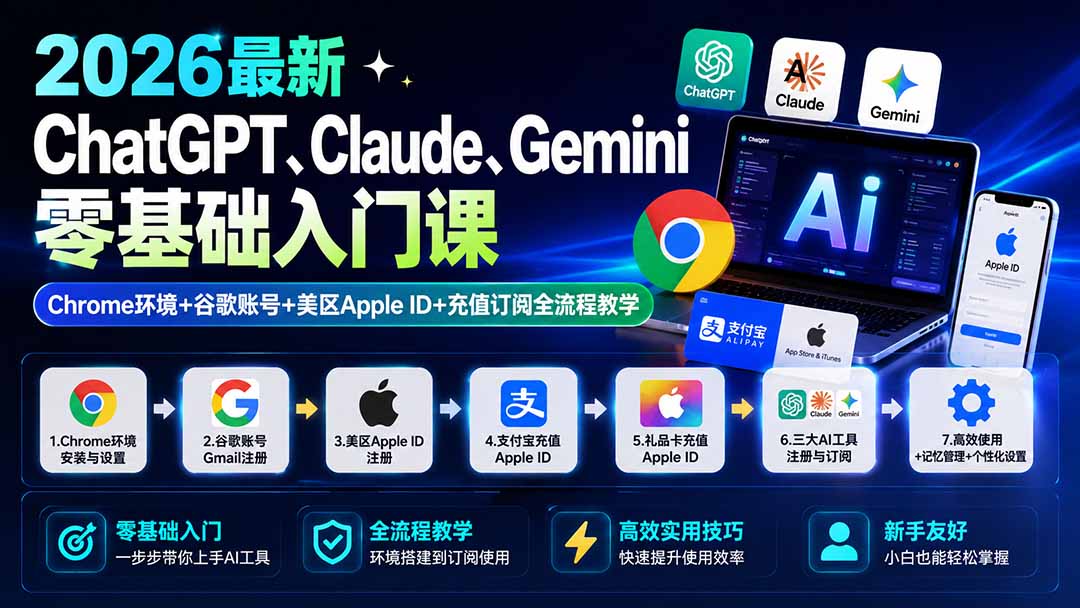 (19923期)2026最新ChatGPT、Claude、Gemini零基础入门课:Chrome环境+谷歌账号+美区Apple ID+充值订阅全流程教学 (19923期)2026最新ChatGPT、Claude、Gemini零基础入门课:Chrome环境+谷歌账号+美区Apple ID+充值订阅全流程教学