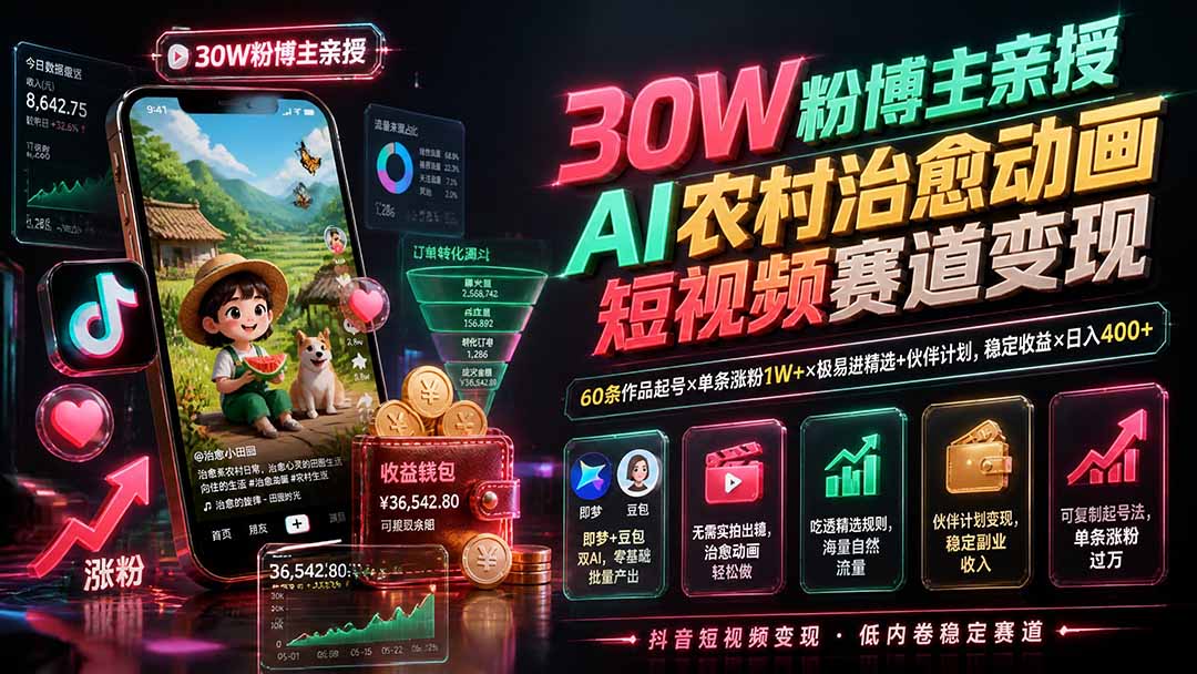(19648期)30W粉博主亲授AI农村治愈动画短视频赛道变现:60条作品起号×单条涨粉1W+×极易进精选+伙伴计划,稳定收益×日入400+ (19648期)30W粉博主亲授AI农村治愈动画短视频赛道变现:60条作品起号×单条涨粉1W+×极易进精选+伙伴计划,稳定收益×日入400+