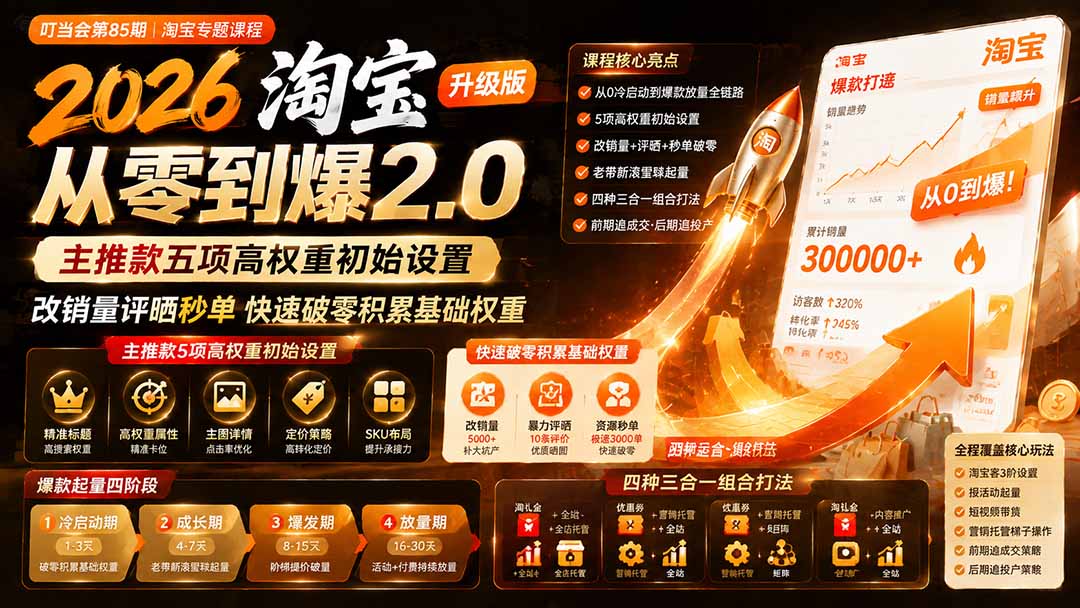 (19742期)2026淘宝从零到爆2.0第85期;主推款五项高权重初始设置,改销量评晒秒单快速破零积累基础权重 (19742期)2026淘宝从零到爆2.0第85期;主推款五项高权重初始设置,改销量评晒秒单快速破零积累基础权重