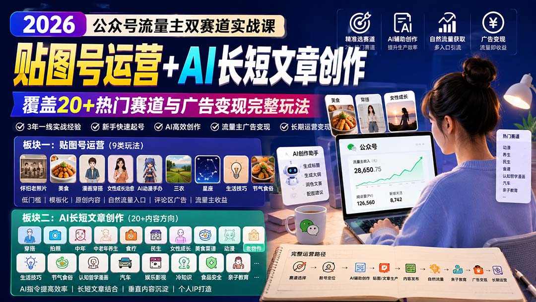 (20153期)公众号流量主双赛道实战课:贴图号运营+AI长短文章创作,覆盖20+热门赛道与广告变现完整玩法 (20153期)公众号流量主双赛道实战课:贴图号运营+AI长短文章创作,覆盖20+热门赛道与广告变现完整玩法