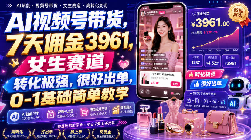 AI视频号带货,7天佣金3961,女生赛道,转化极强,很好出单,0-1基础简单教学 AI视频号带货,7天佣金3961,女生赛道,转化极强,很好出单,0-1基础简单教学
