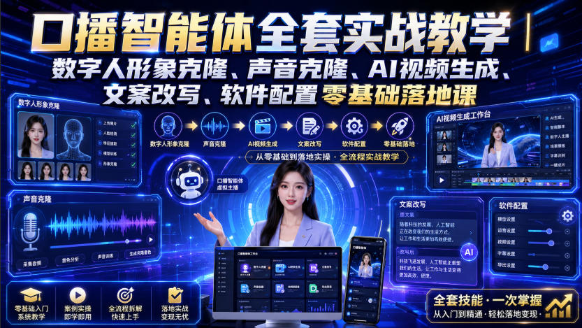 口播智能体全套实战教学|数字人形象克隆、声音克隆、AI视频生成、文案改写、软件配置零基础落地课 口播智能体全套实战教学|数字人形象克隆、声音克隆、AI视频生成、文案改写、软件配置零基础落地课