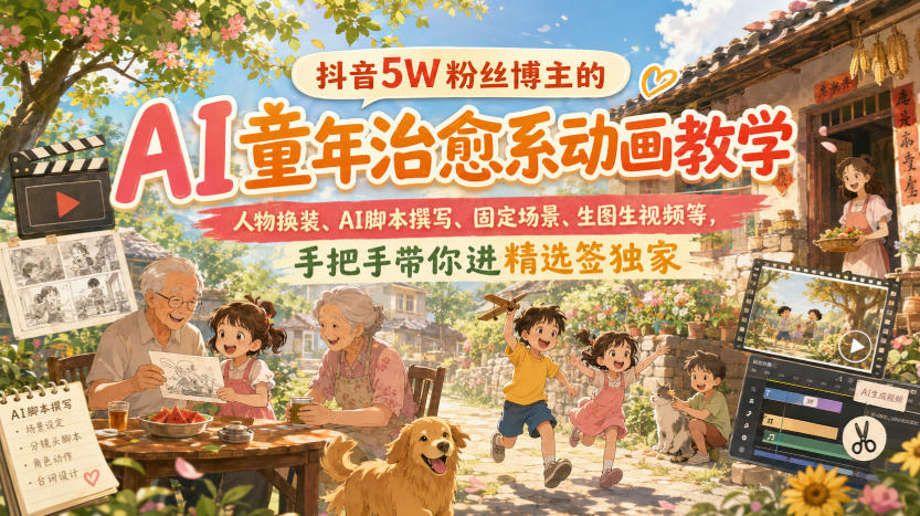 抖音5W粉丝博主的AI童年治愈系动画教学,人物换装、AI脚本撰写、固定场景、生图生视频等,手把手带你进精选签独家 抖音5W粉丝博主的AI童年治愈系动画教学,人物换装、AI脚本撰写、固定场景、生图生视频等,手把手带你进精选签独家