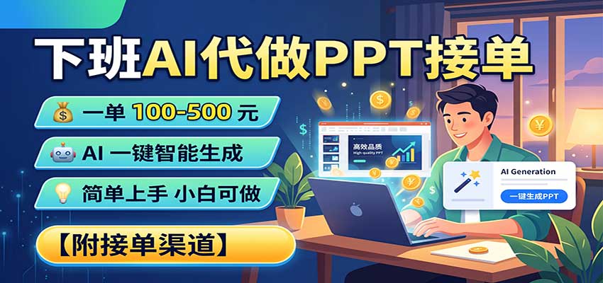 下班AI代做PPT接单,一单100-500,AI一键生成,小白也能做,附接单渠道 下班AI代做PPT接单,一单100-500,AI一键生成,小白也能做,附接单渠道