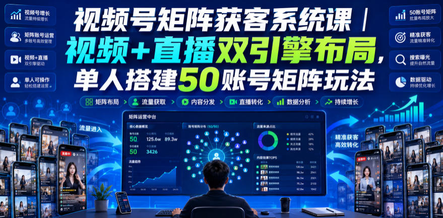视频号矩阵获客系统课|视频+直播双引擎布局,单人搭建50账号矩阵玩法,流量入池、搜索占位、全域引流沉淀私域全流程教学 视频号矩阵获客系统课|视频+直播双引擎布局,单人搭建50账号矩阵玩法,流量入池、搜索占位、全域引流沉淀私域全流程教学