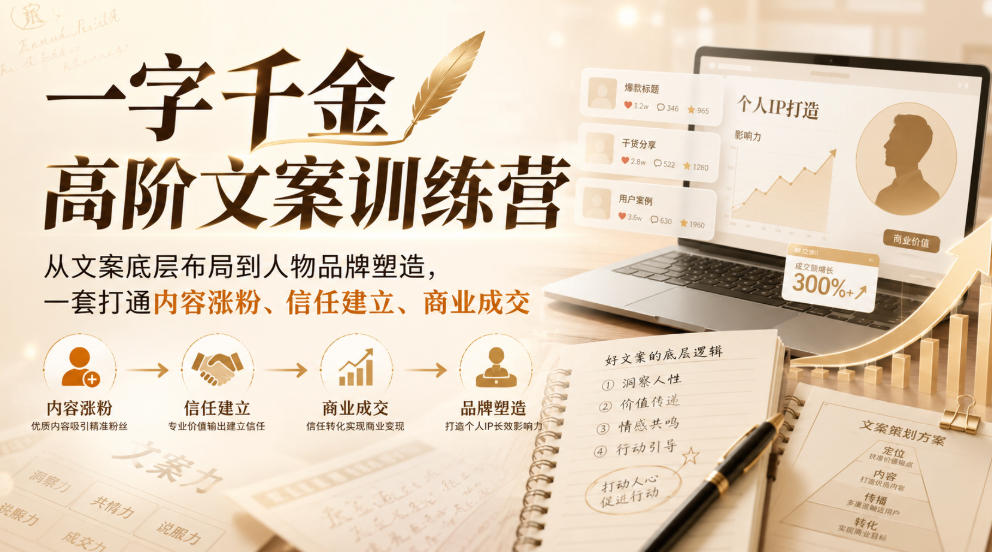 一字千金高阶文案训练营，从文案底层布局到人物品牌塑造，一套打通内容涨粉、信任建立、商业成交