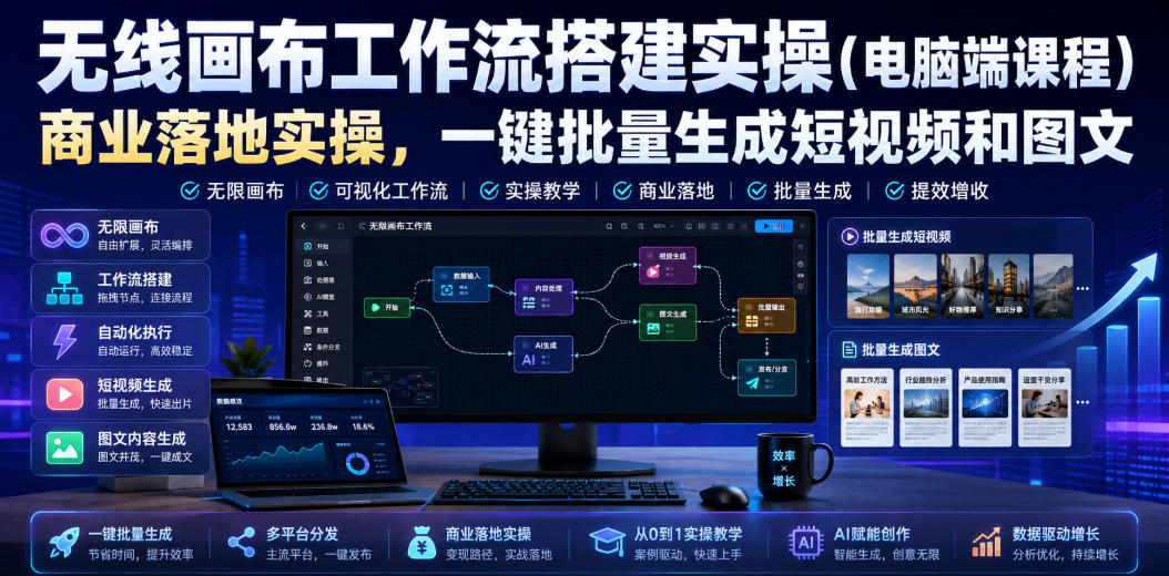 无线画布工作流搭建实操(电脑端课程),商业落地实操,一键批量生成短视频和图文 无线画布工作流搭建实操(电脑端课程),商业落地实操,一键批量生成短视频和图文