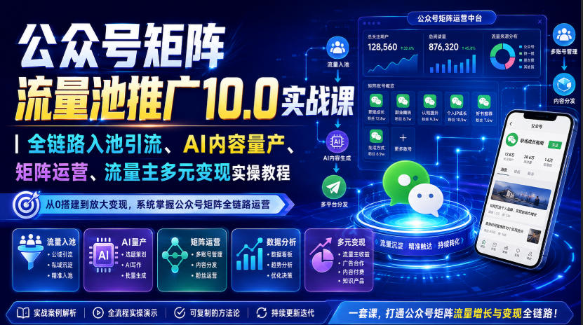 公众号矩阵流量池推广10.0实战课|全链路入池引流、AI内容量产、矩阵运营、流量主多元变现实操教程 公众号矩阵流量池推广10.0实战课|全链路入池引流、AI内容量产、矩阵运营、流量主多元变现实操教程