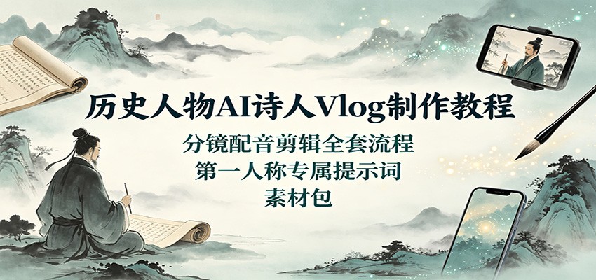 历史人物AI诗人Vlog制作教程：分镜配音剪辑全套流程，第一人称专属提示词素材包