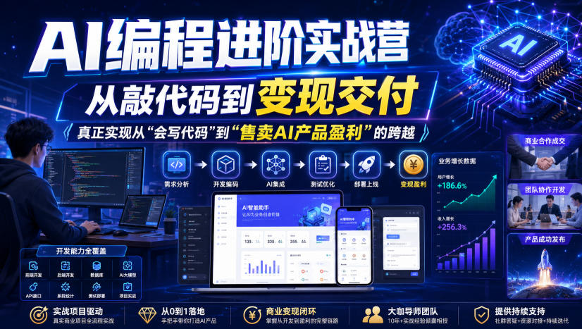 AI编程进阶实战营,从敲代码到变现交付,,真正实现从“会写代码”到“售卖AI产品盈利”的跨越 AI编程进阶实战营,从敲代码到变现交付,,真正实现从“会写代码”到“售卖AI产品盈利”的跨越