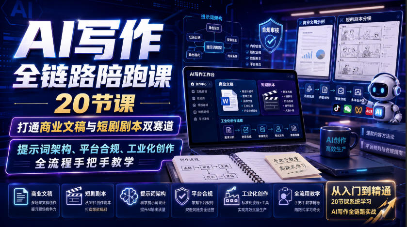 AI写作全链路陪跑课|20节课打通商业文稿与短剧剧本双赛道,提示词架构、平台合规、工业化创作全流程手把手教学 AI写作全链路陪跑课|20节课打通商业文稿与短剧剧本双赛道,提示词架构、平台合规、工业化创作全流程手把手教学